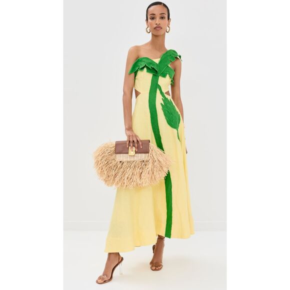 FARM Rio Palm Tree Cutwork Midi Dress Yellow Medium M NEW - Picture 1 of 10
